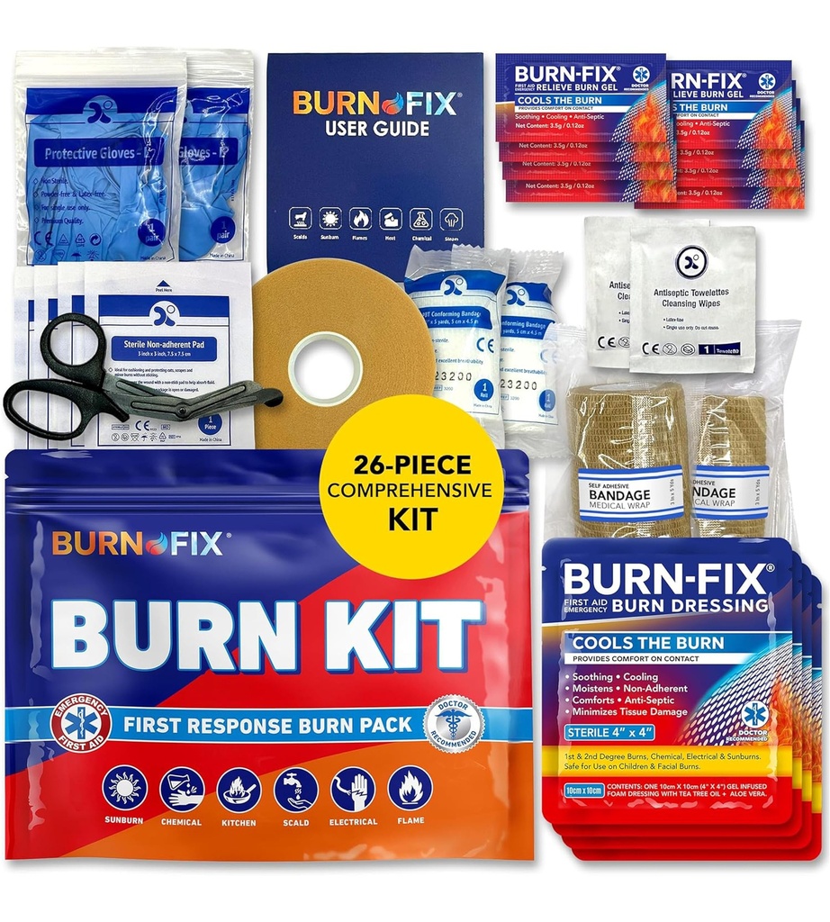 BurnFix® Burn Kit First Aid for Burns Emergency – 26-Piece Burn Treatment with Soğutma Gel, Elbise ve Çantalar – Mutfak, Sunburn, Kimyasal & Scald Relief – Home, Office, Travel