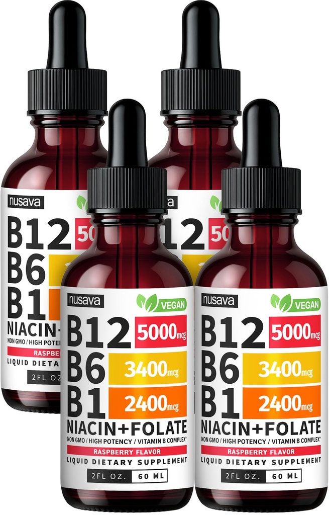 (4 Pack) B12 ve B6 Sıvı Merdivenleri, B12 Sublingual Vitamin B Kompleksi - B 12 5000 Cenk - Enerji, Beyin ve Kalp Desteği 27200 mcg, Strawberry, 80 Servisler