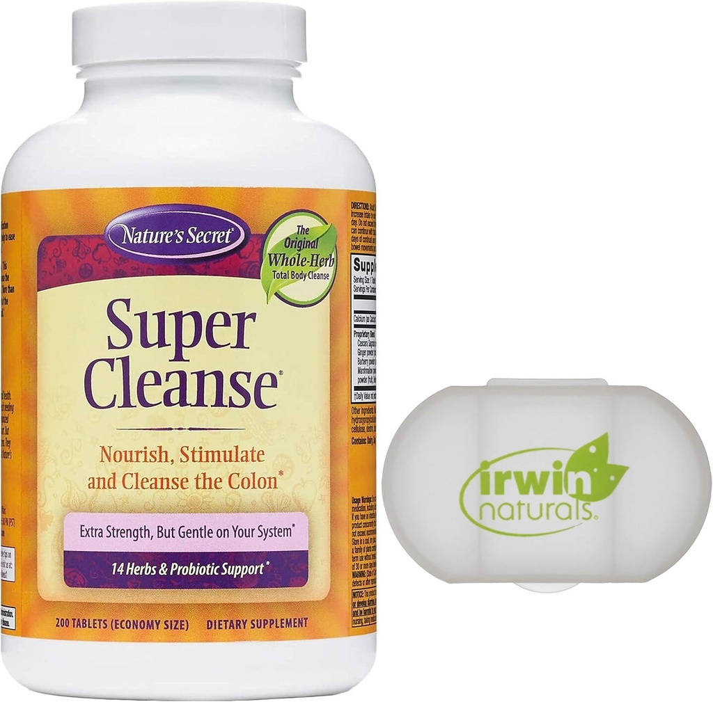 Nature's Secret Super Cleanse Extra Strength Toxin Detox & Gentle Elimination Total Body Cleanse, Digestive & Colon Health Support, 200 Tablet, Pill Case ile