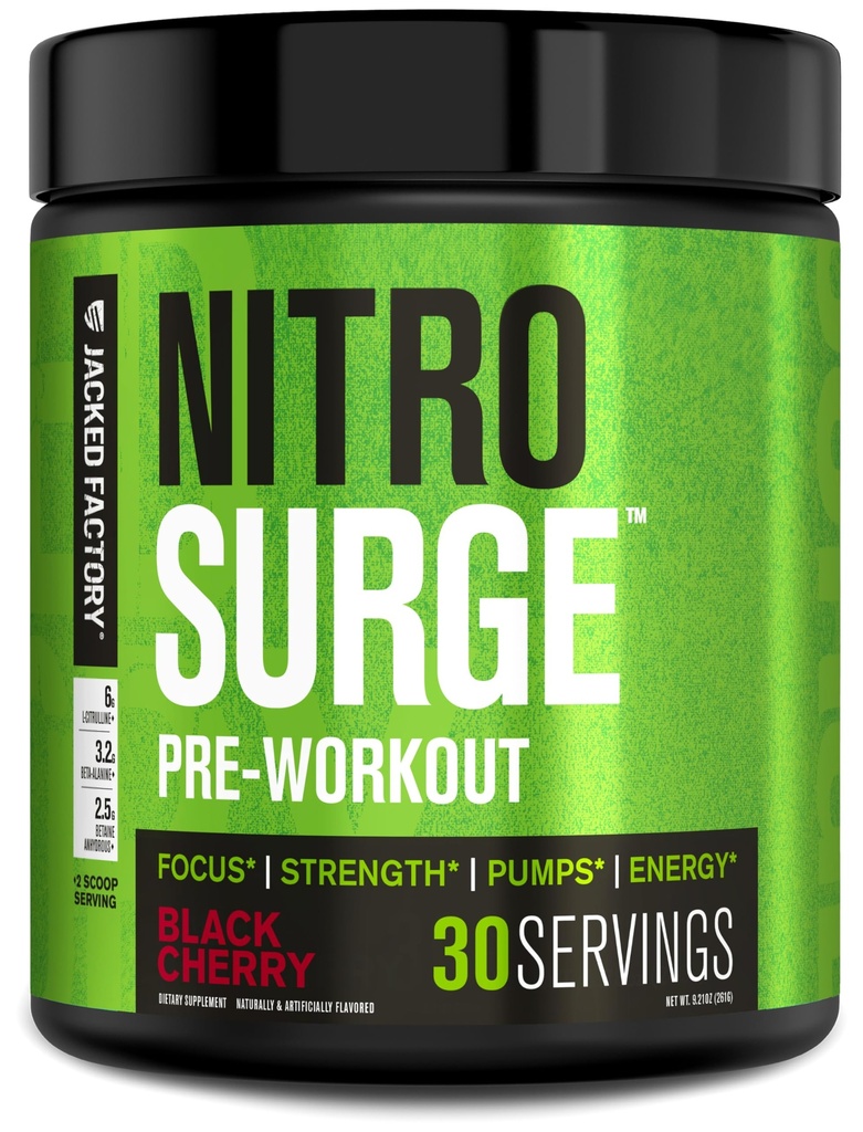 Jacked Factory NITROSURGE Pre Workout Supplement - Endless Energy, Instant Strength Gains, Clear Focus ve Intense Pumps - NO ATM & Güçlü Preworkout Energy Toz - 30 Hizmet, Black Cherry