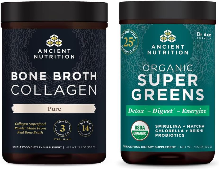 Eski Beslenme Kemik Broth Collagen Toz, Saf, 30 Hizmet + Organik Supergreens Toz, Yeşiller Flavor, 25 Hizmet