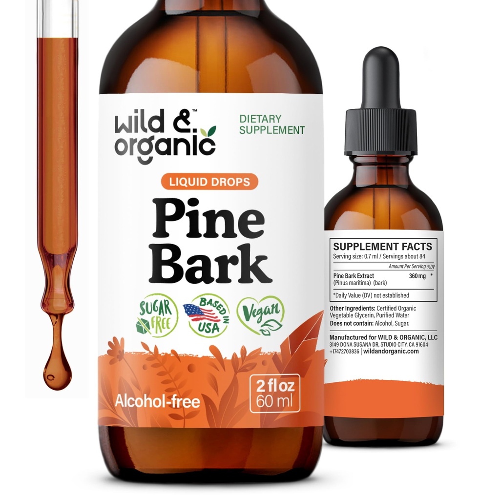 Wild & Organic Pine Bark Extract Tincture - Antioksit Desteği - Pinus Pinaster Supplements - Fransız Deniz Bark Liquid Drops - 2-Month Supply - Vegan, Alkol & Sugar-Free - 2 f ozzz
