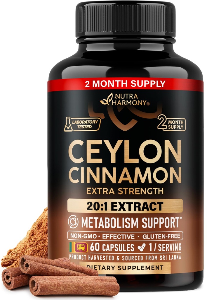 Ceylon Cinnamon Capsules - Ekstra Kuvvet - Enerji Kalp & Metabolism Erkekler ve Kadınlar için Destek - Pure Natural Cinnamon 20:1 Ekstra Supplement - GMO & Gluten Free - ABD'de Yapılan - 60 Capsules 2 Ay