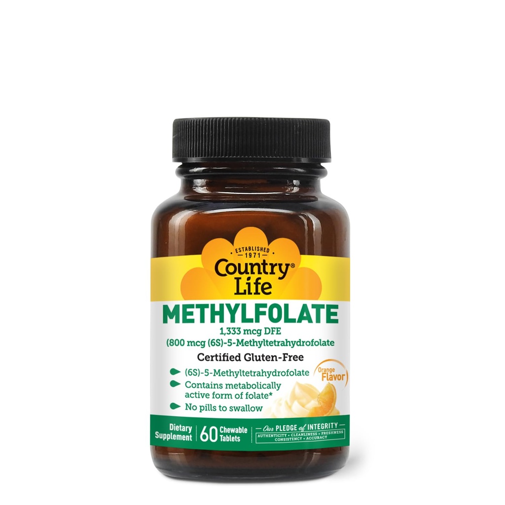 Country Life Mefolate Chewable Tabletler - Metabolically Active Folate - Great Tasting Orange Flavor - Gluten-Free - Smooth Melts - Vegan B12 - Kadın Vitaminleri - Daily Supplement - 60 Tabletler