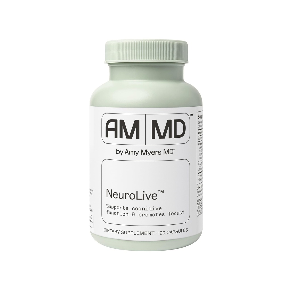 Amy Myers MD NöroLive - Bilişsel Fonksiyonlar ve Focus Desteği için Beyin Sağlığı Supplement - B - Gluten-Free, Non-Dairy & Non-Soy - 120 Capsules (60 Hizmet)