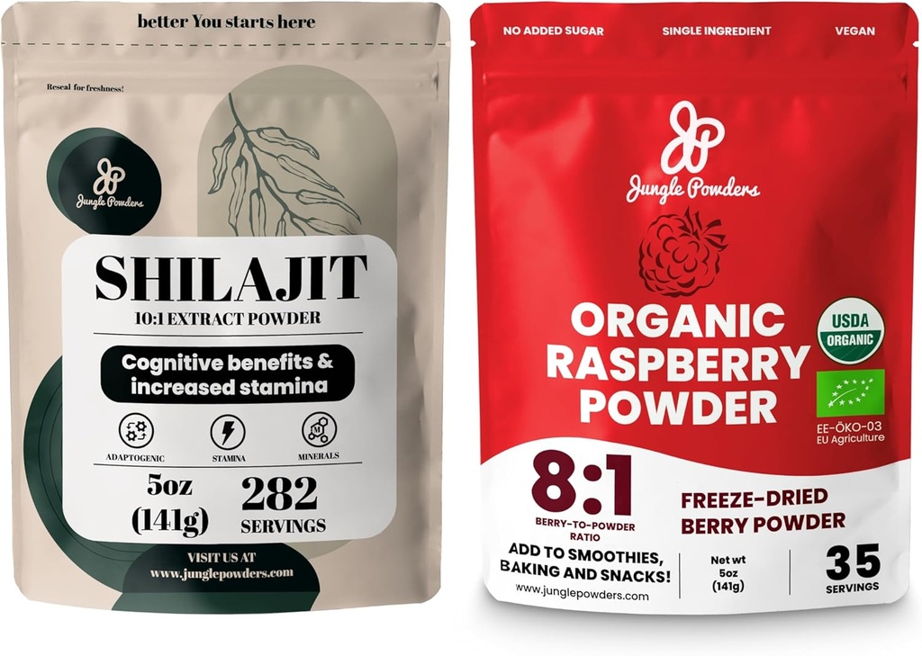 Orman Tozları Superfood Sche: 5oz Raw Shilajit & 5oz Organik Raspberry Toz Combo - Erkeklerin Enerji Desteği, Immune Boost, USDA sertifikalı Freeze-Dried Red Raspberries for Baking, Smoothies