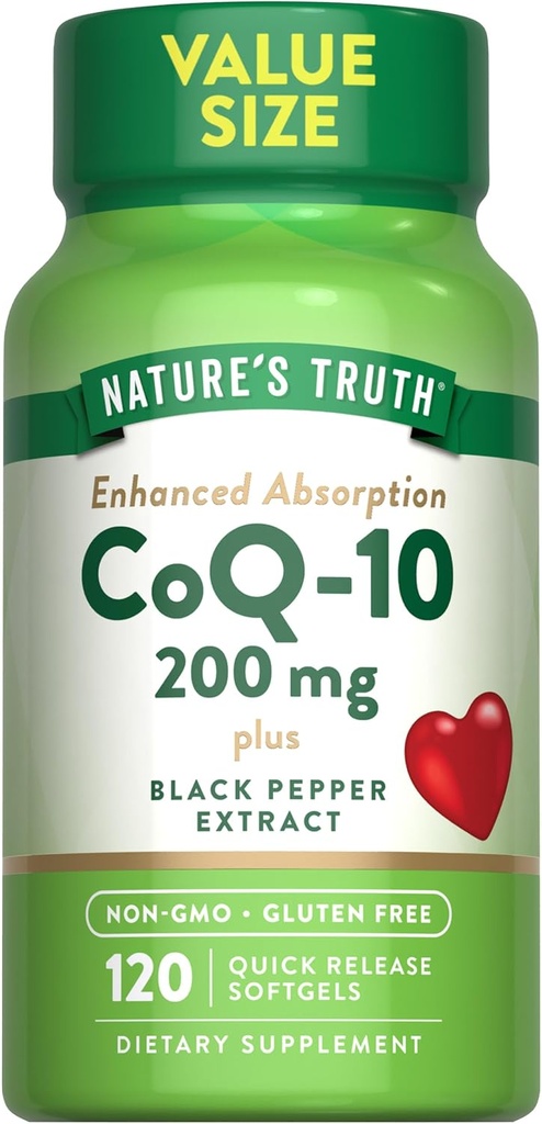 Nature's Truth CoQ10 200mg | 120 Softgels | High Absorption | Non-GMO & Gluten Free Coenzyme Supplement | with Black Pepper Extract