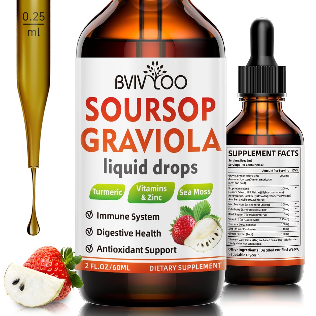 Soursop Graviola Liquid Drops for Cell Support & Regeneration, Immune Boost, Relax, Liver and Sleep, Soursop Bitters Liquid, Sugar/Gluten Free, Natural Strawberries Flavor - 2 Fl Oz (60ml) Bottle