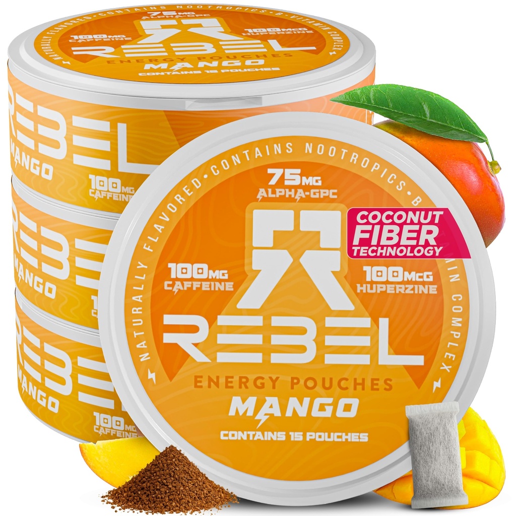 Nootropic Energy Caffeine Pouches • 100 mg Caffeine • Alfa GPC • Huperzine A & Essential Vitaminler • Sugar-Free • Coconut Fiber Teknolojisi • Mango Flavor • 15 Pouches Per Can (Pack of 4)