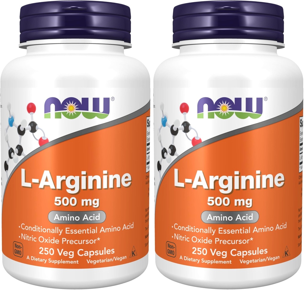 NOW Foods Supplements, L-Arginine 500 mg, Nitric Oxide Precursor*, Amino Acid, Veg 250 Capsules (Pack of 2)