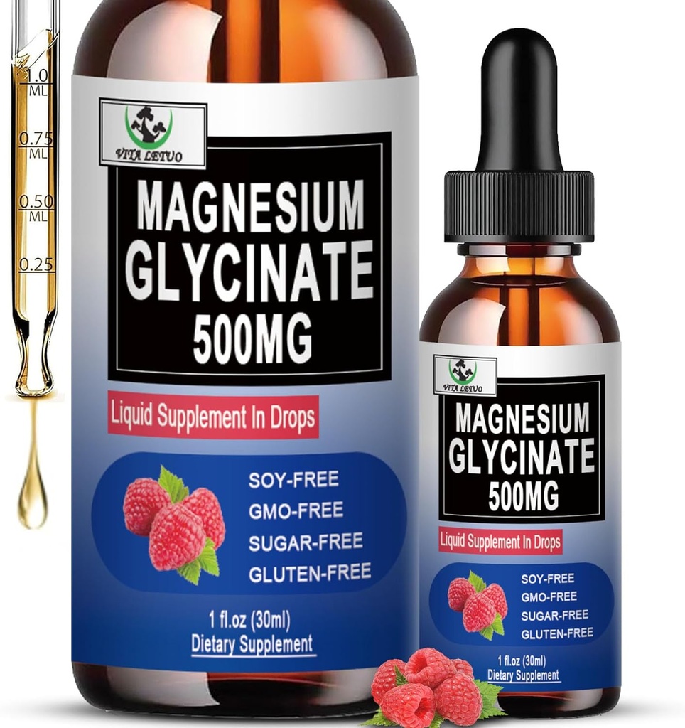 Saf Magnezyum Glycinate | Sıvı Supplement 500 mg for Sleep, Nerve, Bone and Heart Health | Vegan Glycinate Mag Liquid Drops 6X High Abors | Non-GMO, Gluten-Free | 30 Servisler