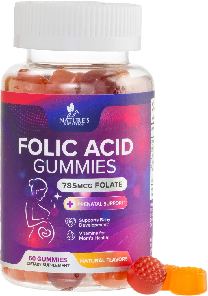 Kadınlar için Folic Acid Gummies 785 mcg, Essential Prenatal Vitaminler Anne ve Bebek için, Vegan Folic Supplement Gummy, Daily Vitamin B9 Extra Strength Folate, After Gebelik - 60 Gummies