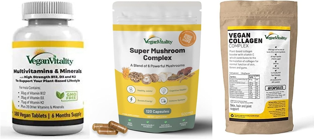 Vegan Vitality ATM Supplements Sche - Vegan multivitamins, Collagen ve Super Mushroom Kompleksi. Yüksek Güç Santralı - Vegans ve Vejetaryenler için Genel Sağlık için Temelde Formula