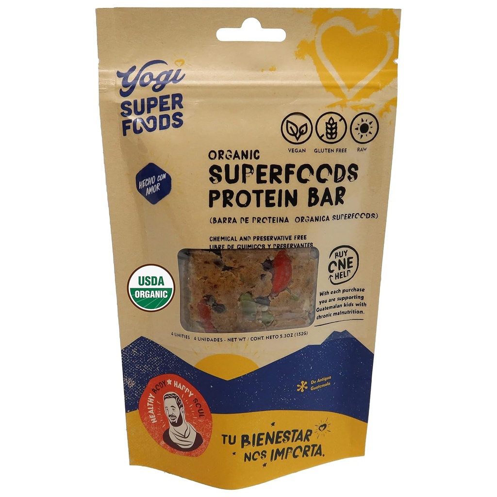 Yogi Super Foods Maca Protein Bars with Cacao for Health - Raw, Vegan, Gluten Free, Low Glymic Superfood Snack Food Bars with Plant protein, Cocoa Toz & Granola - 4 Bars