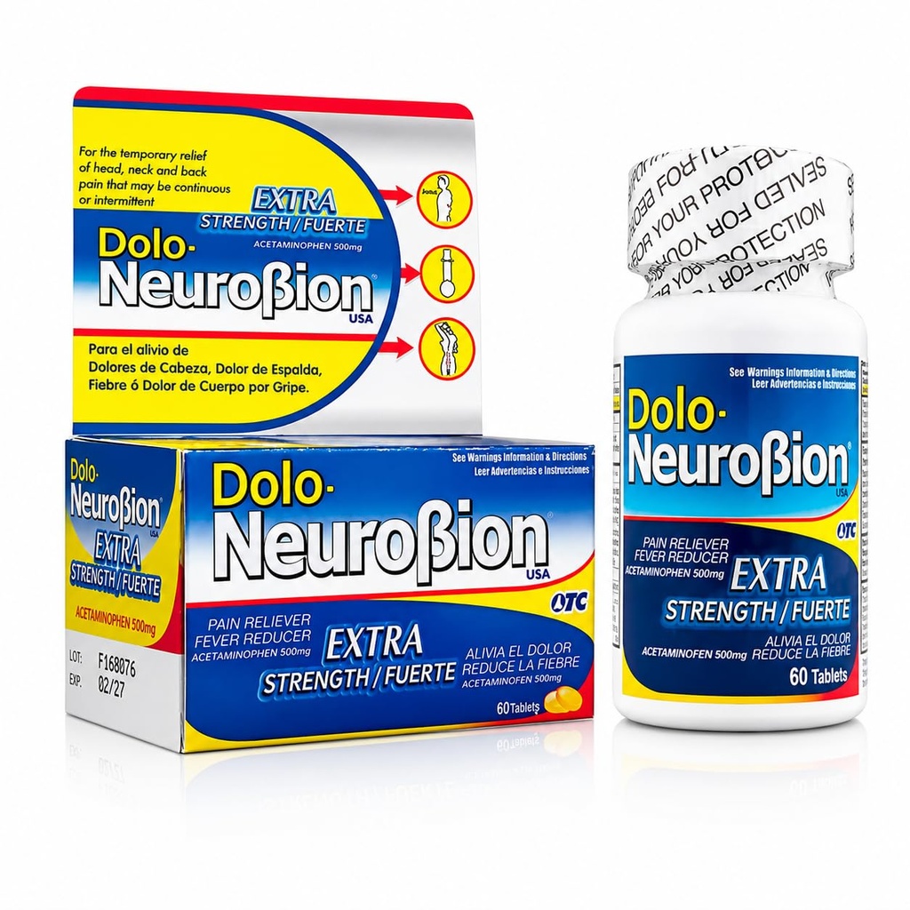 Dolo Neurobion Pain Reliever, Ateş Tespiti, Ekstra Güç. Alivia el Dolor,Reduce la Fiebre, Ekstra Fuerte. 60 Tabletler. Acetaminophen 500 mg