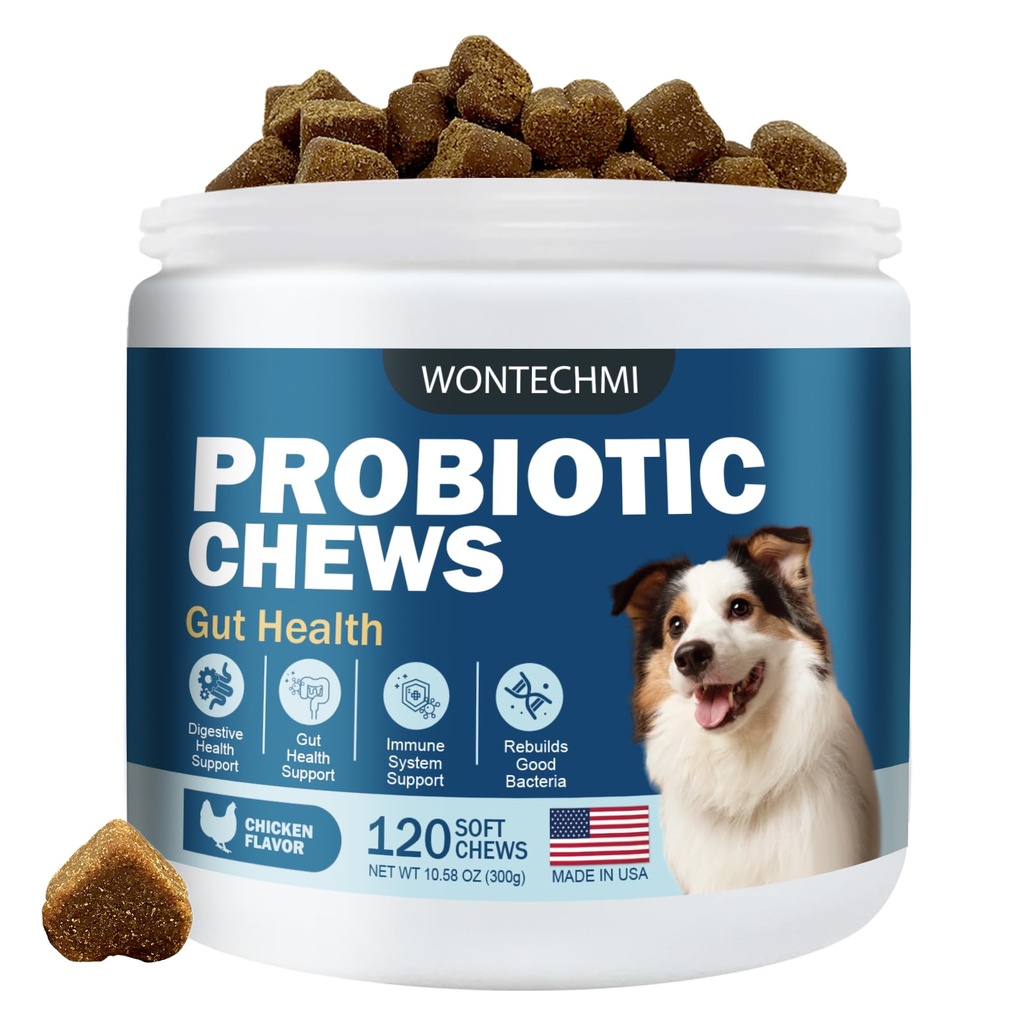 Köpekler için probiyotikler, Itchy Skin Itchy Ears, Gut Health, Yeast Balance, Allergies, Immunity, Dog Probiyotiks and Digestive Enzymes with Prebiyotiks, Reduce Diarrhea (Chicken, 120 çiğneme)