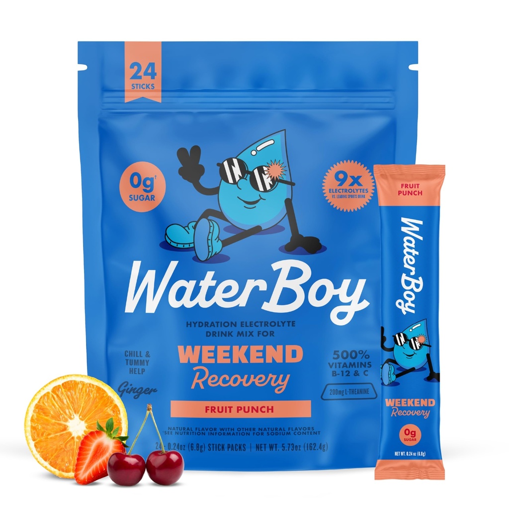 Waterboy Weekend Recovery | 3,200 mg Electrolyte Toz Paketleri | Ginger + L-Theanine + Vitaminler | No Sugar, All Natural, Gluten Free | 24 Iklim Mixes (Fruit Punch)