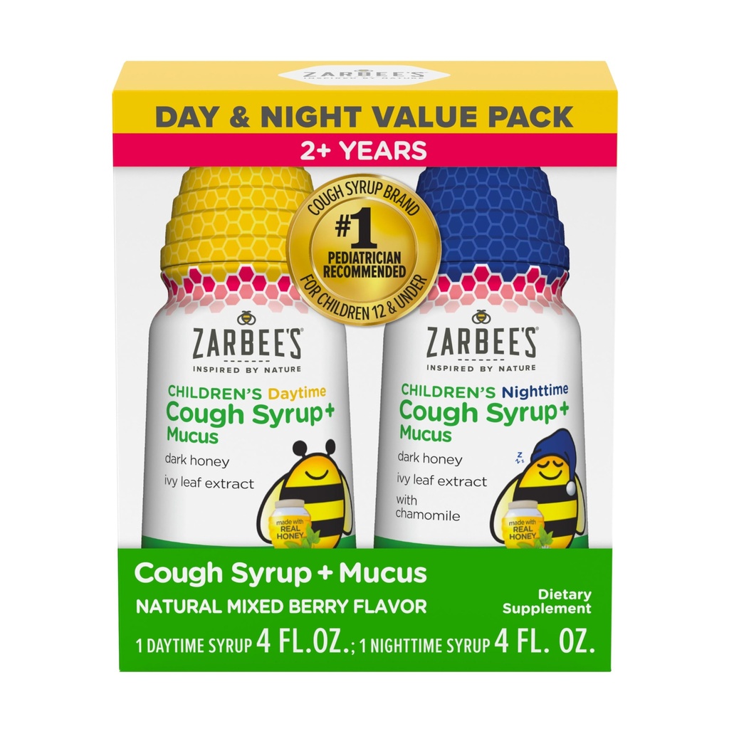 Zarbee's Children's Honey Cough Syrup + Mucus Day & Night Value Pack, Daytime & Nighttime Toddler Cough Syrup, Dark Honey, Ivy Leaf Extract, Chamomile, Karma Berry Flavor, 2X 4 Fl Oz