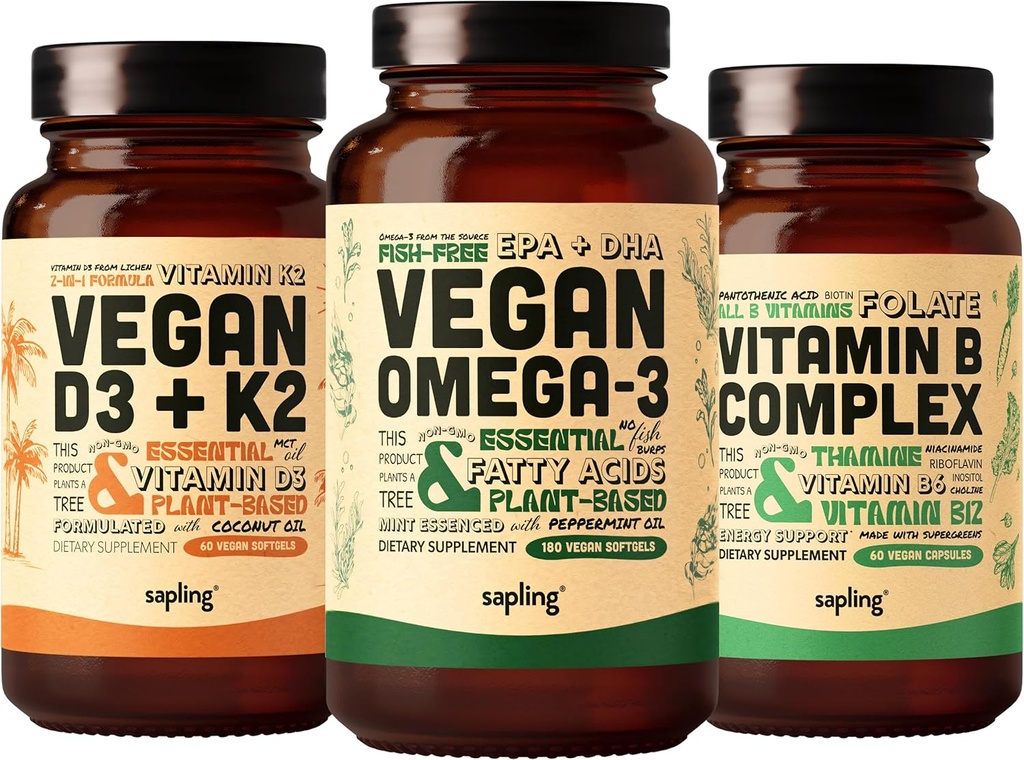 Vegan Omega 3 180 Softgels & Vegan D3 + K2 & Vitamin B Kompleksi - Bitki bazlı DHA & EPA Fatty Asits, 4000 IU Vitamin D3 ve 100mcg Vitamin K2, Essential B Vitaminleri