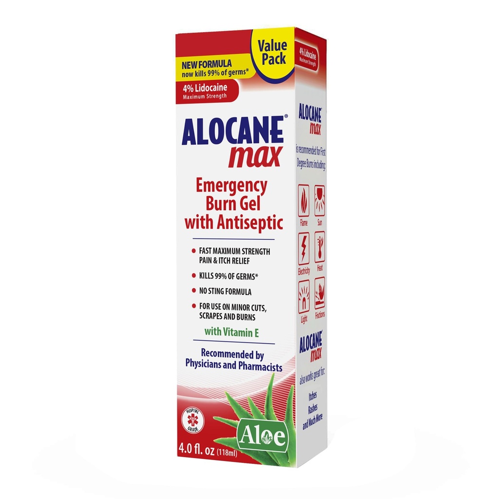 Alocane Max Emergency Burn Gel, 4% Lidokaocaine, .13% Benzalkonium Chloride, maksimum Güçlü Yardım, Itch Relief, For Sunburns, Kitchen, Radyasyon, Kimyasal, İlk-Degree Burns, 4 Fl Oz