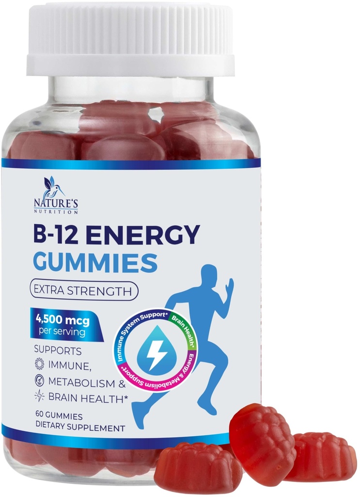 B-12 Vitamin Enerji Gummies 4500mcg - Ekstra Güçlü B12 Enerji Metabolism ve Immune Desteği - Kadınlar için Diyetsel Tamam, Erkekler ve Çocuklar - Non-GMO, Vegan, Berry Flavor - 60 Kont