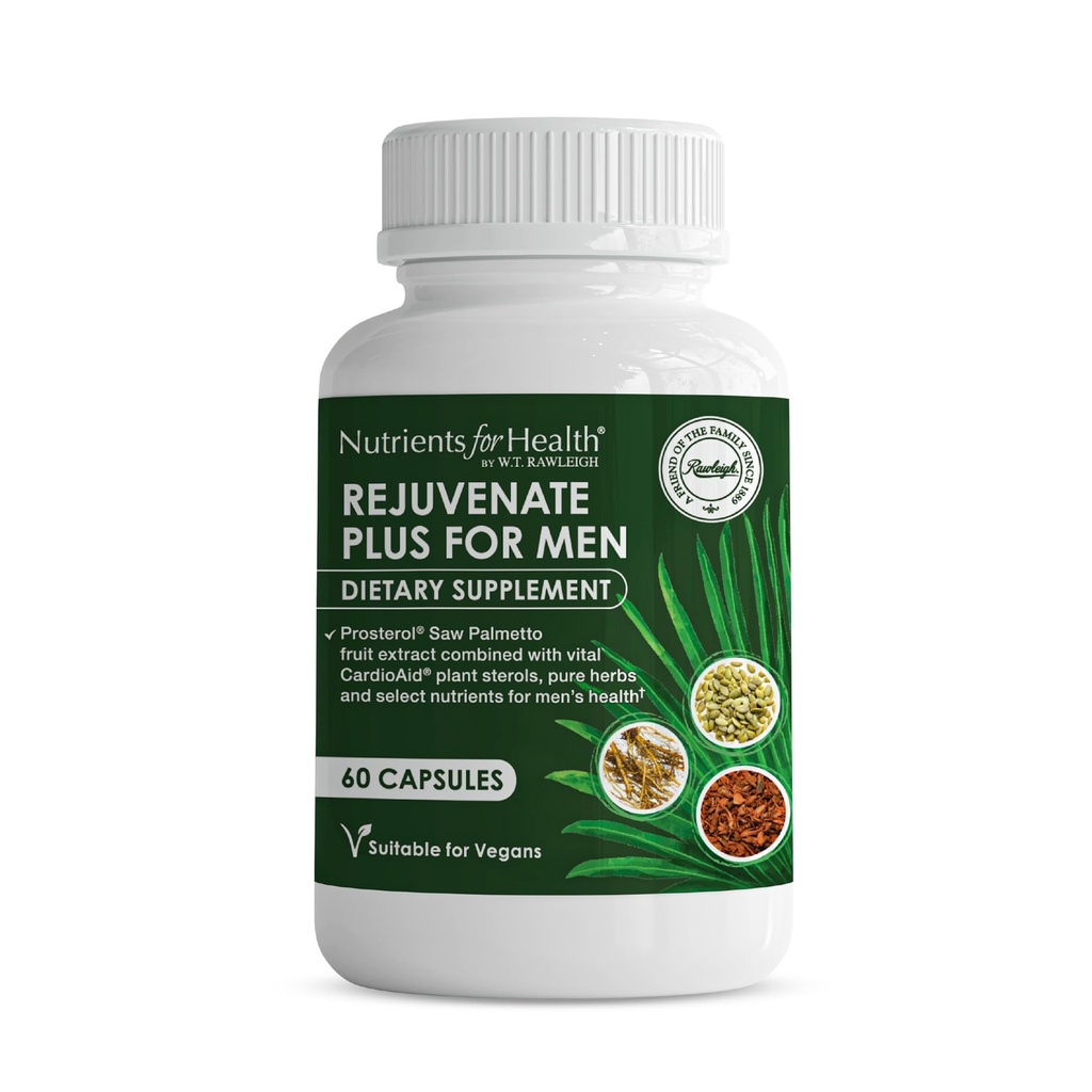 Rawleigh Rejuvenate Plus for Men: 60 Vegan Capsules | High-Potency 320 mg Saw Palmetto | Candy Seed, Pygeum Bark | Plant Sterols, Lycopene & Rosemary | Prostate Health Support Supplement