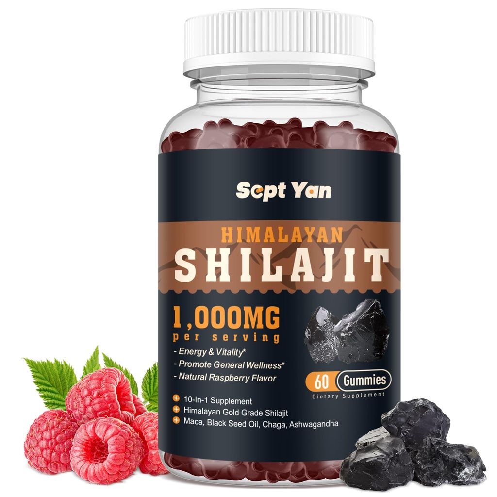 Shilajit Gummies 1000 mg - Shilajit Pure Himalaya Organik Erkekler ve Kadınlar için 85+ Trace Minerals Shilajitwear with Ashwagandha, Maca, Black Seed Oil - Energy, Brain, Immunity, Sugar Free Raspberry 60ct