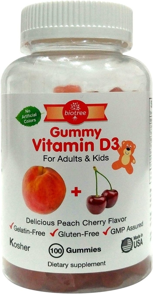 BioTree Laboratuvarları D Gummy Bears - 100 Paket, Yetişkinler ve Çocuklar için | Peach & Cherry Flavored Chewable Vitamin D3 | Sağlıklı Kemikler için Büyük, Dişler, Immune Sistemi, Beyin ve Sinir Sistemi