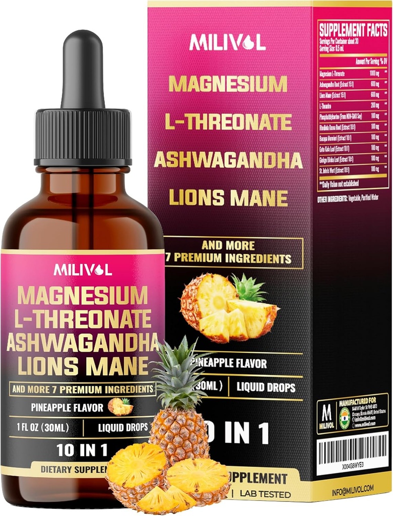 10in1 Magnesium L-Threonate Liquid Drops with Ashwagadha, Lions Mane & 7 More Herbals - 1 Fl Oz - Pineapple Flavor