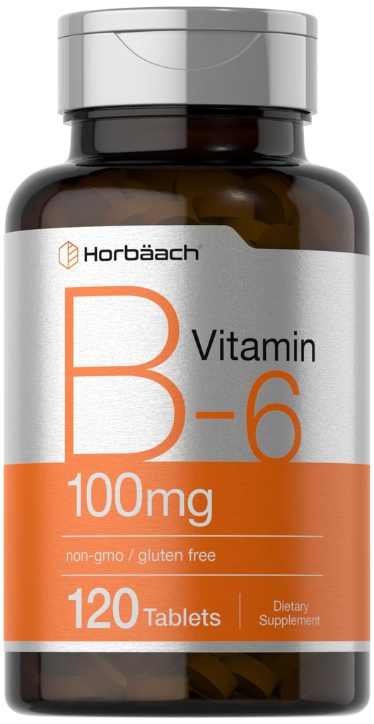 Horbaach Vitamin B6 100 mg | 120 Vejetaryen Tabletler Pyridoksie HCl | Non-GMO & Gluten Ücretsiz Supplement Supplement
