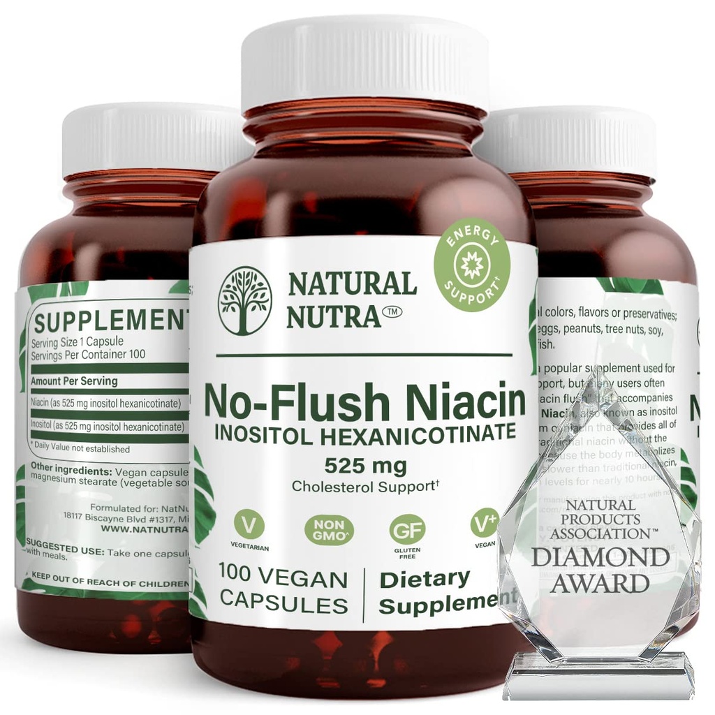 Doğal Nutra No Flush Niacin, Vitamin B3 Tamam, Cardiovascular Sağlığını Geliştirin, Daha İyi Beyin Fonksiyonlarını Geliştirin, Enerji Seviye 525 mg, 100 Capsules