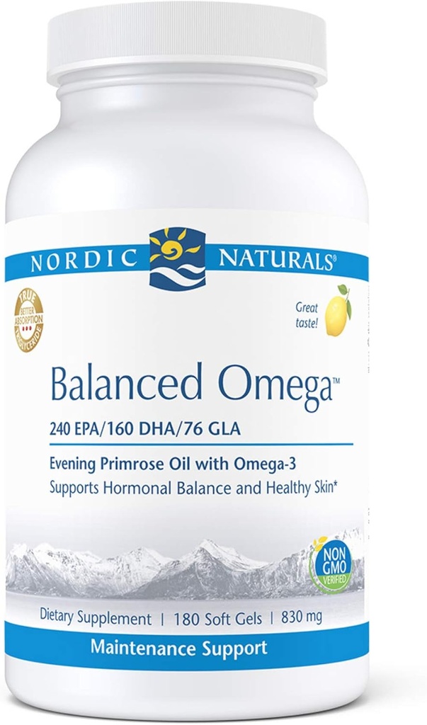 Nordic Naturals Pro Balanced Omega - Fish Oil and Evening Primrose Oil, 240 mg EPA, 160 mg DHA, 76 mg GLA, Destekler Hormonal Denge ve Sağlıklı Cilt*, 180 Soft Gels