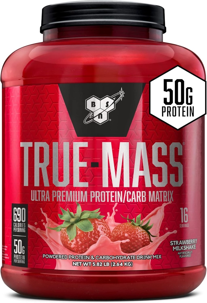 BSN TRUE-MASS Ağırlık Kazananı, Kas Mass Liger Protein Toz, Strawberry Milkshake, 5.82 Pound
