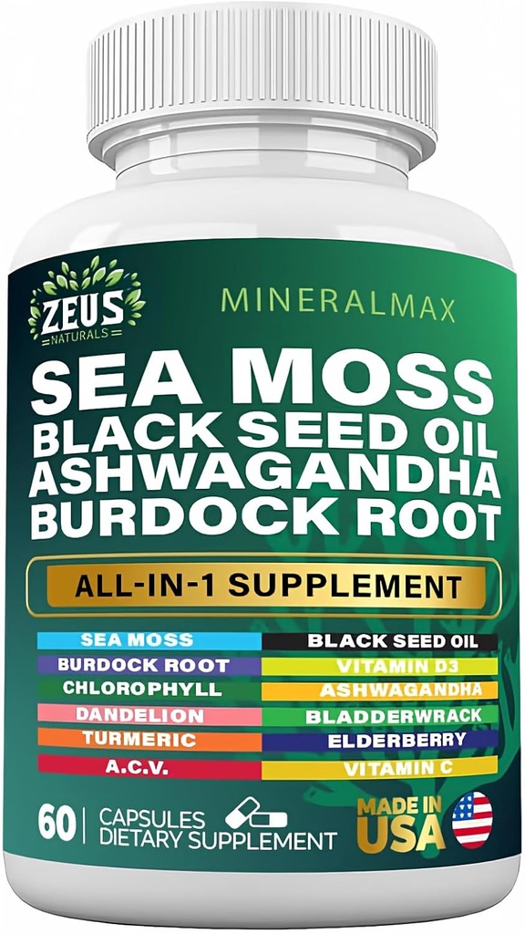 Sea Moss 3000 mg Black Seed Oil 2000mg Burdock Root 1000 mg Bladderwrack 1000 mg Turmeric 1000 mg Ashwagandha 1000 mg - Elderberry, VIT C, VIT D3, Manuka, ACV (60 Kont)