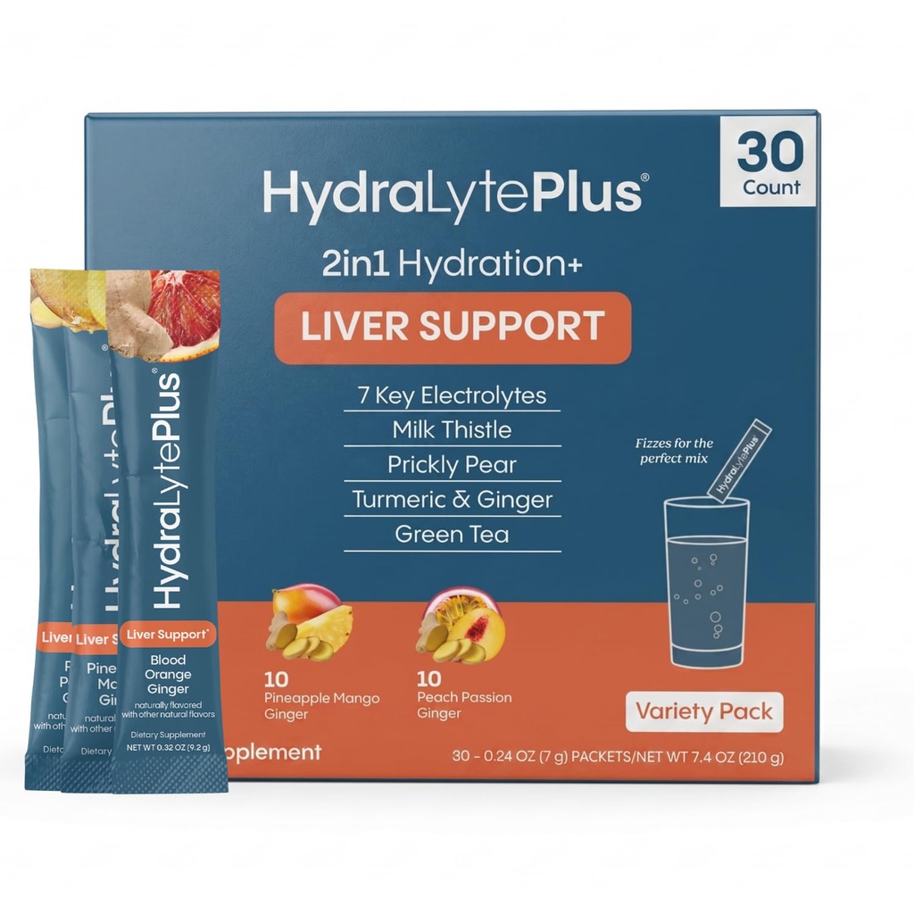 Hydralyte Liver Support + Electrolyte Mix with Milk Thistle, Turmeric, Ginger, Prickly Pear, Green Tea Extract Formulated for Rapid Rehidr (Variety Flavor, 30 Packets)