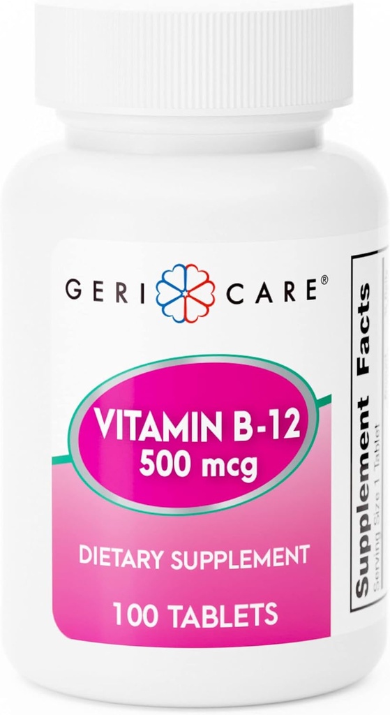 GeriCare Vitamin B-12 500mcg Tabletleri - Sağlıklı Enerji Seviyelerini Destekler, Beyin Fonksiyonlar ve Circulatory Sağlığı - Günlük Sağlık için Güvenilen Tamam - 100 Kont