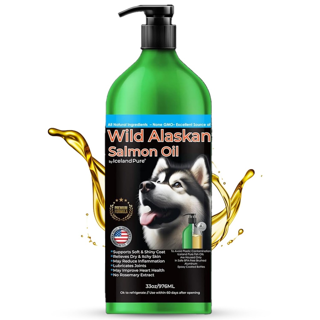 İzlanda Pure Wild Alaskan Salmon Oil for Dogs & Cats, Omega-3 Fish Oil, Bread Supplement for Pets, Supports Immune System & Heart Health, 33oz