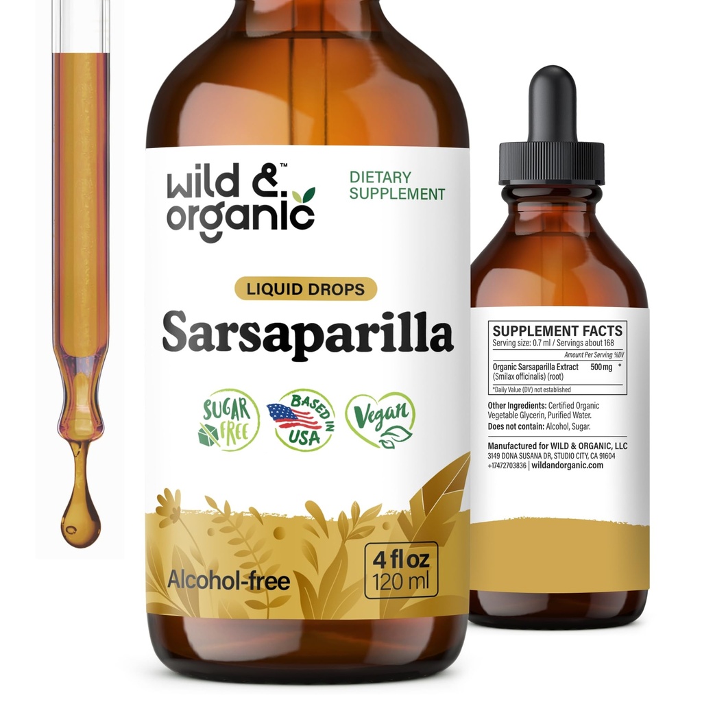Wild & Organic Sarsaparilla Root Tincture - Genel Destek - Sarsaparilla Ekstraksiyon Tamam - Vegan, Şeker & Alkol Özgür Sıvı Ölüyor - 4 fl ozture