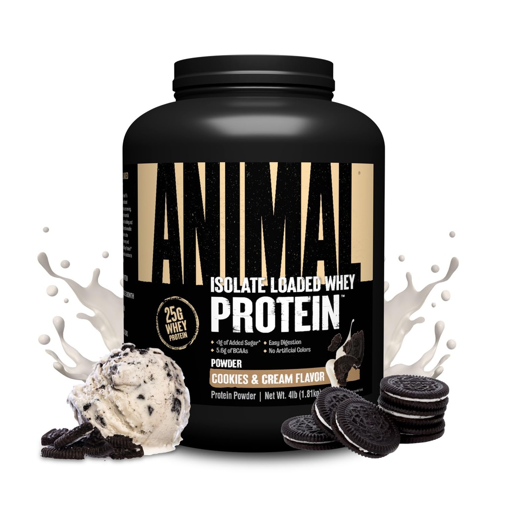 Animal Whey Isolate Protein Powder - Loaded for Pre & Post Workout Muscle Builder and Recovery with Digestive Enzymes for Men & Women - 25g Protein, Great Taste, Low Sugar - Cookies & Cream 4 lbs