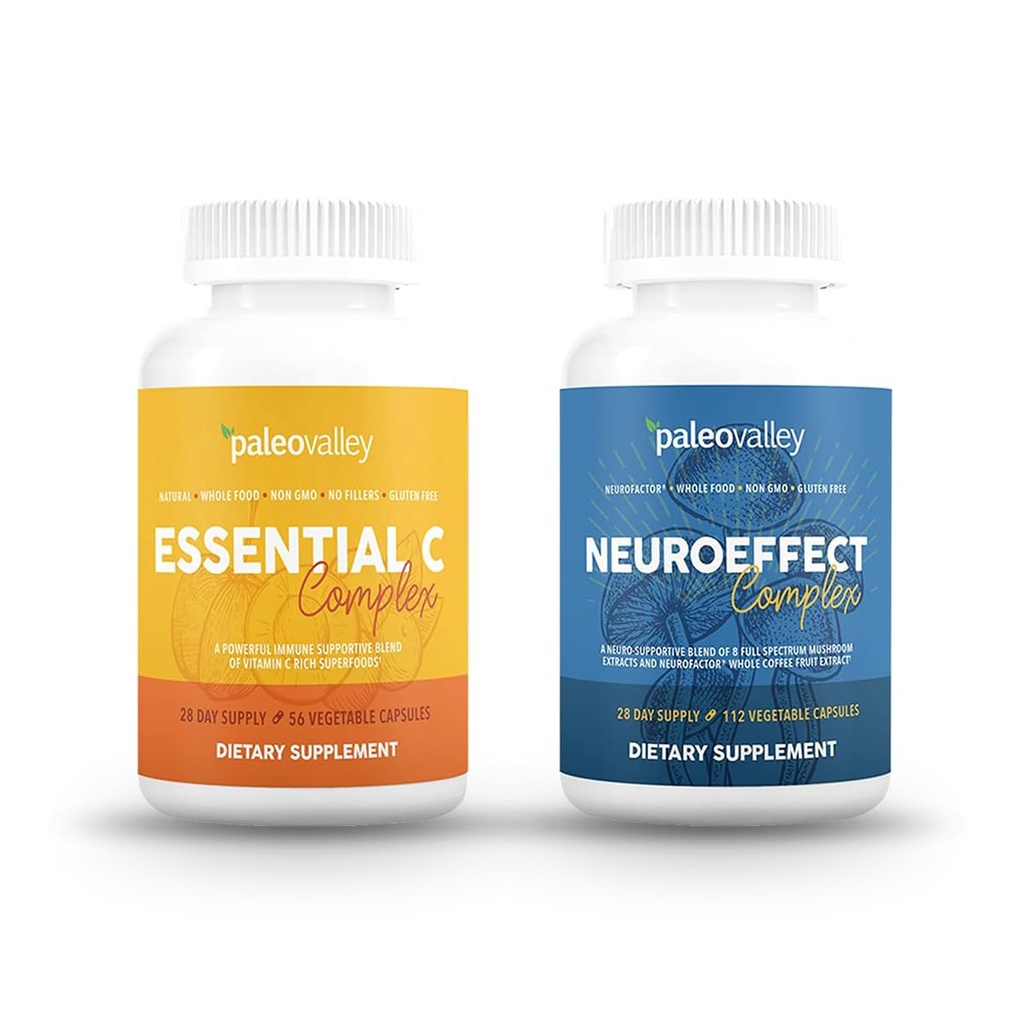 Paleovalley NöroEffect + Essential C Kompleksi - Nöro Mushroom Kahve Ekstraksiyon, C Supplement 450g Focus, Memory, Energy, Immune Support, Organik Superfoods