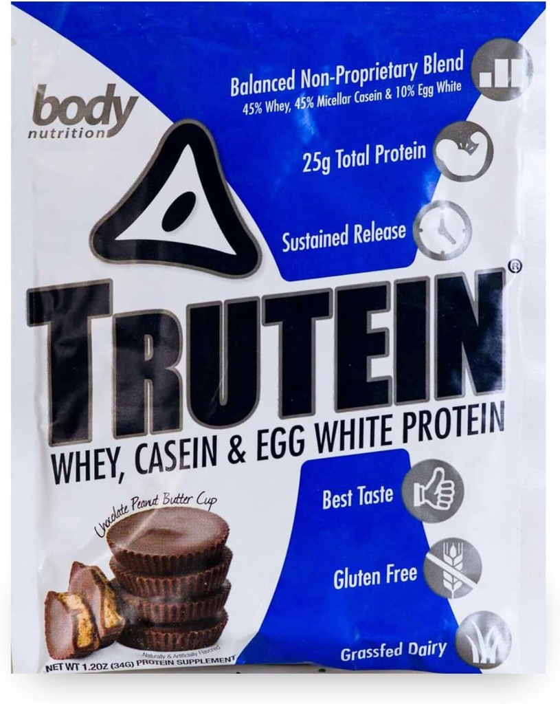 Vücut Beslenme Trutein Yüksek Protein Tozu:% 45 Whey,% 45 Casein,% 10 Egg White, Gluten-Free, Low sodyum, Grass Fed Whey Protein, Gym Supplement & Breakfast Shake, Peanut Butter, 34g Örnek
