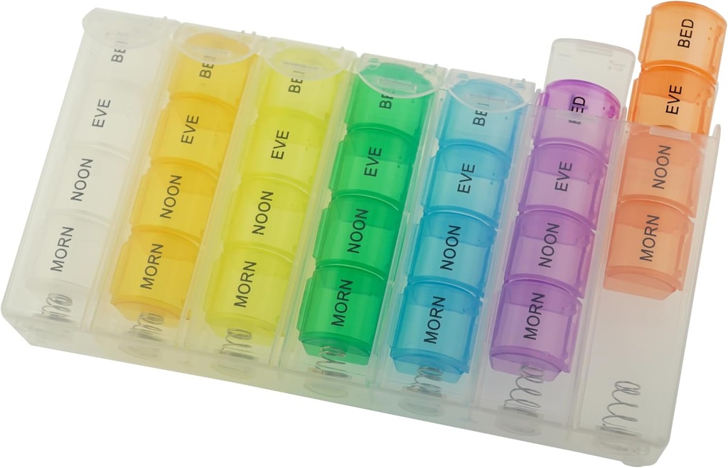 Pop Up Weekly Pill Organizer 4 Times A Day – Büyük Seyahat Pill Case w/ 28 İlaç, Vitamin & Supplement – Daily Pill Box 7 Day – Moisture-Resistant Büyük Tıp Vakaları