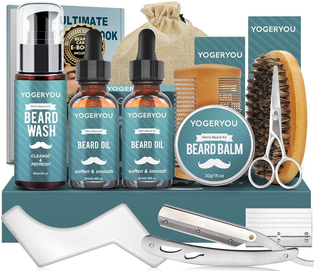 Ayıd Kit,Beard Grooming Kit for Men W/Straight Razor,2 PACK Beard Oil, Wash, Balm, Brush, Comb, Scisors Mens Doğum Günü Noel Hediyeleri Erkek Erkek Erkek Arkadaşı Ayırt Shaving Kit