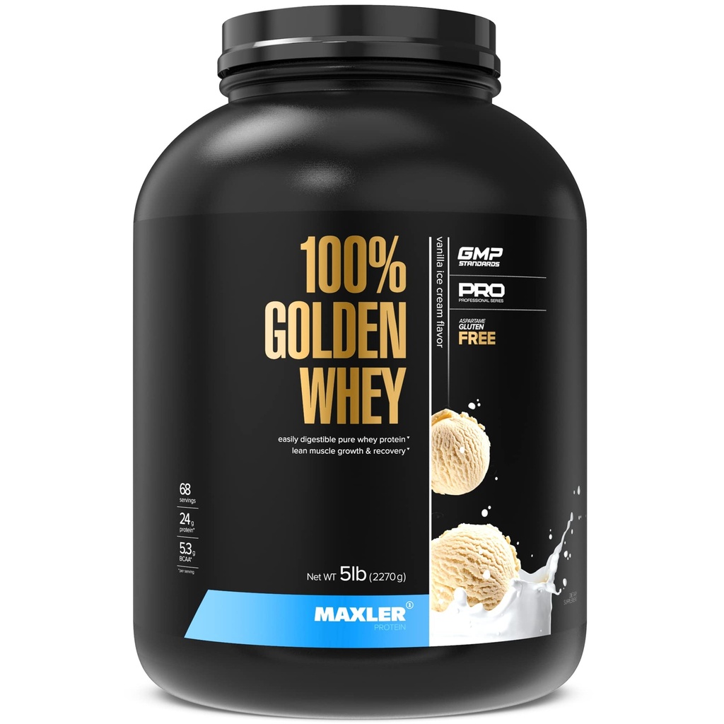 Maxler% 100 Golden Whey proteini - hizmet başına protein 24g - Pre Workout için Premium Whey Protein Tozu - Hızlı Nisorbing Whey Yoğunluğu, Isolate & Hydrolysate Mix - Vanilla Ice Cream 5 lb