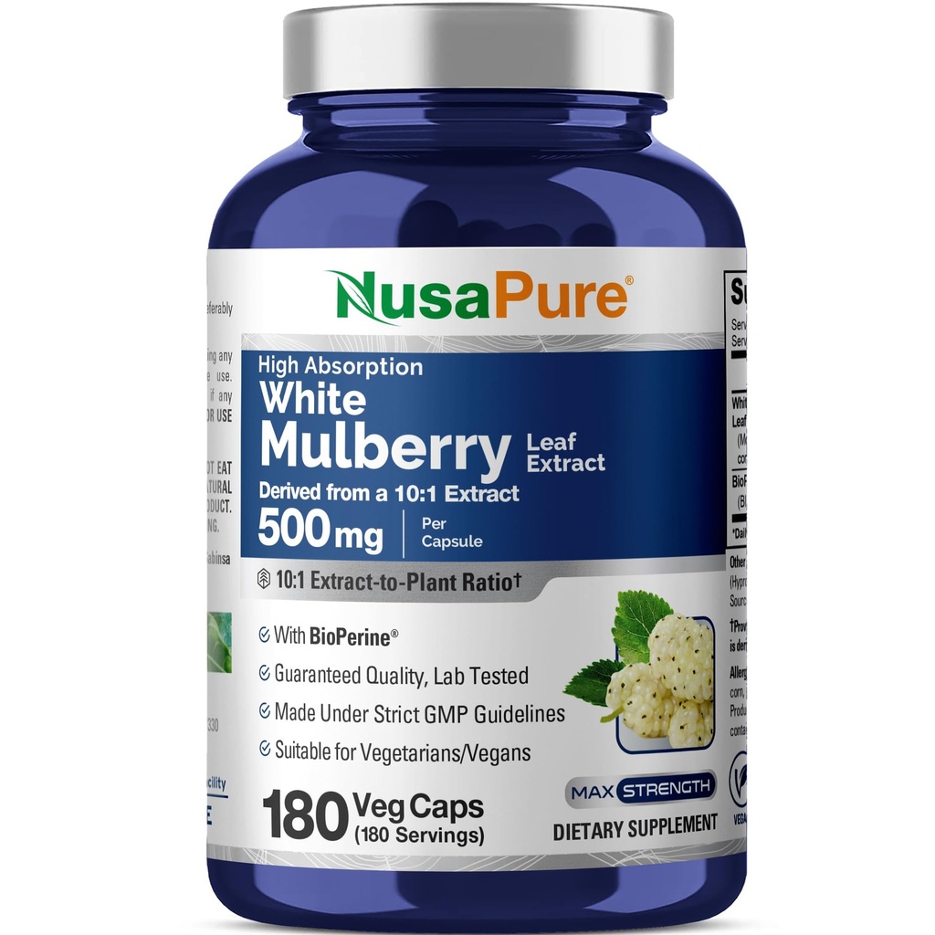 NusaPure White Mulberry Leaf Capsules, 500 mg, 180 Veg Capsules (Non-GMO, Vegan)