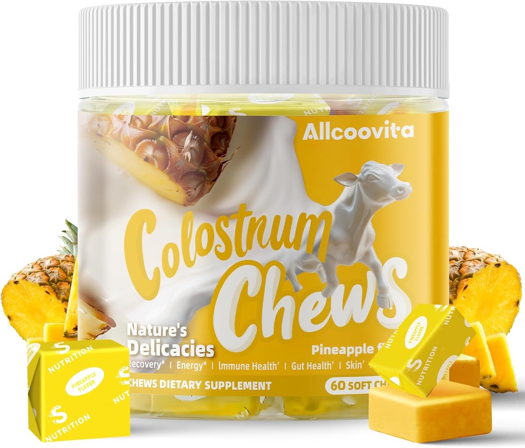 Bovine Colostrum Chews Supplement, Gut Health, Bloating, Immune Support, Skin, Saç Büyüme ve Güzellik - Pineapple Flavor (60 Hizmet)
