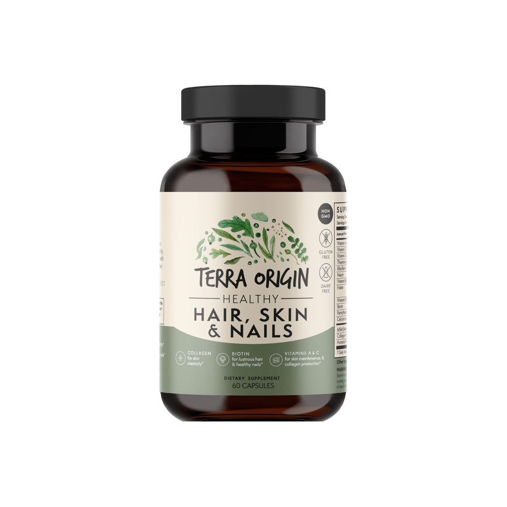 TERRA ORIGIN Sağlıklı Saç, Cilt ve Nails Tamam | Collagen, Biotin, Horsetail & B-Complex | Destekler Saç Güçlü, Skin Elasticity & Nail Büyüme | Kadınlar ve Erkekler için Vitaminler | 60 Capsules
