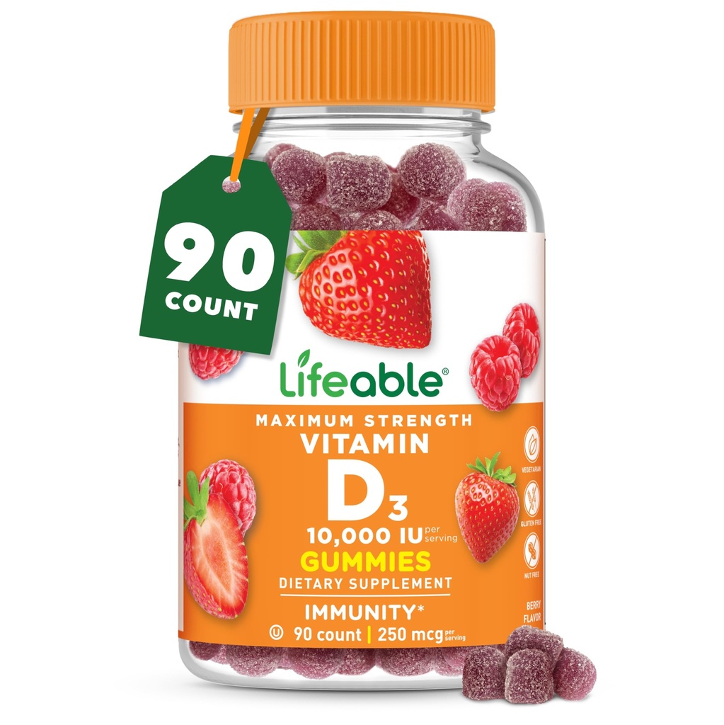 Lifeable Vitamin D3 10000IU | Great Tasting Bone Strength Supplements | Bone Health için D3 Gummies | Yetişkinler için Vitamin D Gummies, Erkekler, Kadınlar | 90 Gummies