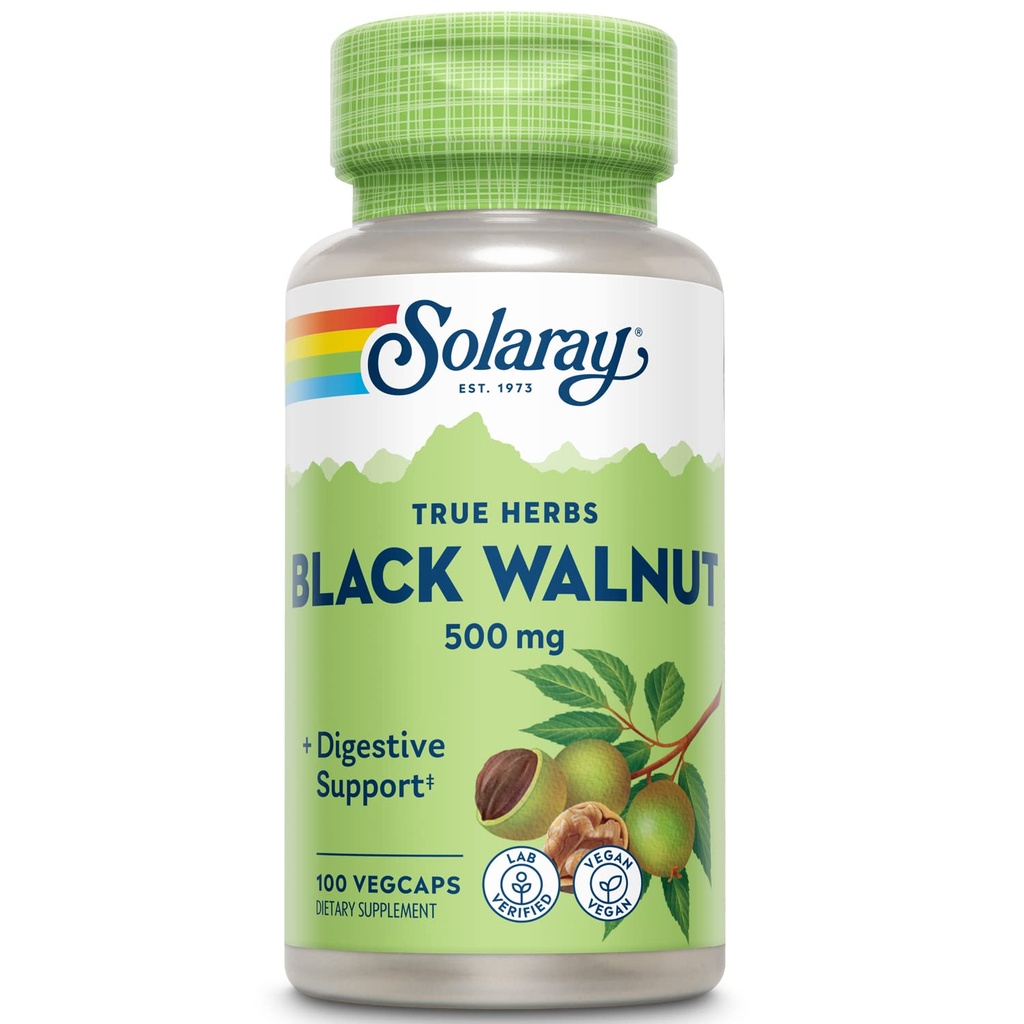 SOLARAY Black Walnut 500 mg - Whole Hull - Geleneksel Herbal Support Formula - Non-GMO  Onaylanmış, Vegan, Lab Doğrulandı - 60 Günlük Garanti - 100 Hizmet, 100 VegCaps