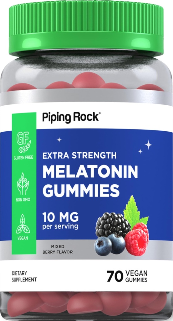 Piping Rock Melatonin Gummies 10mg | 70 Kont | Berry Flavor Supplement | Vegan, Non-GMO, Gluten Free